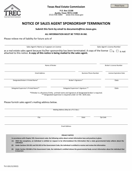 Notice of Sales Agent Sponsorship Termination 